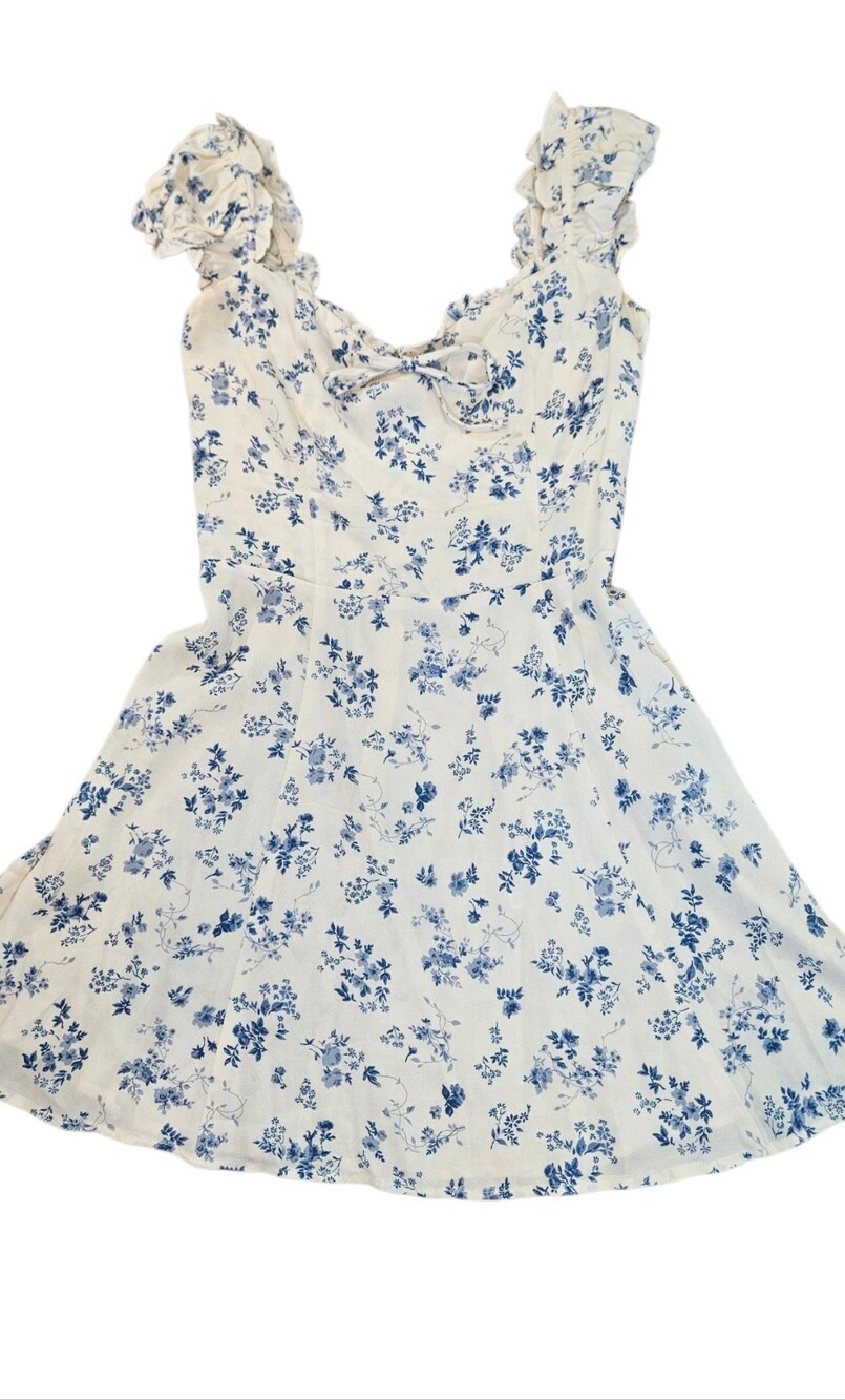 Reformation Cream Mini Dress with Blue Floral Print - Picture 8 of 9